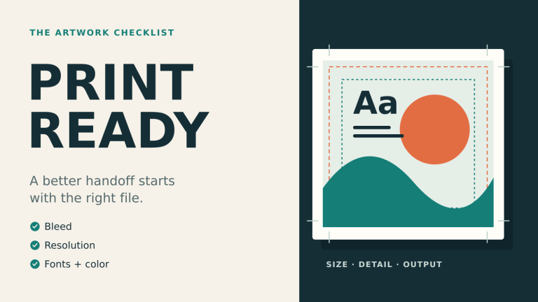 An illustrated print production sheet with trim guides, typography and color shapes.