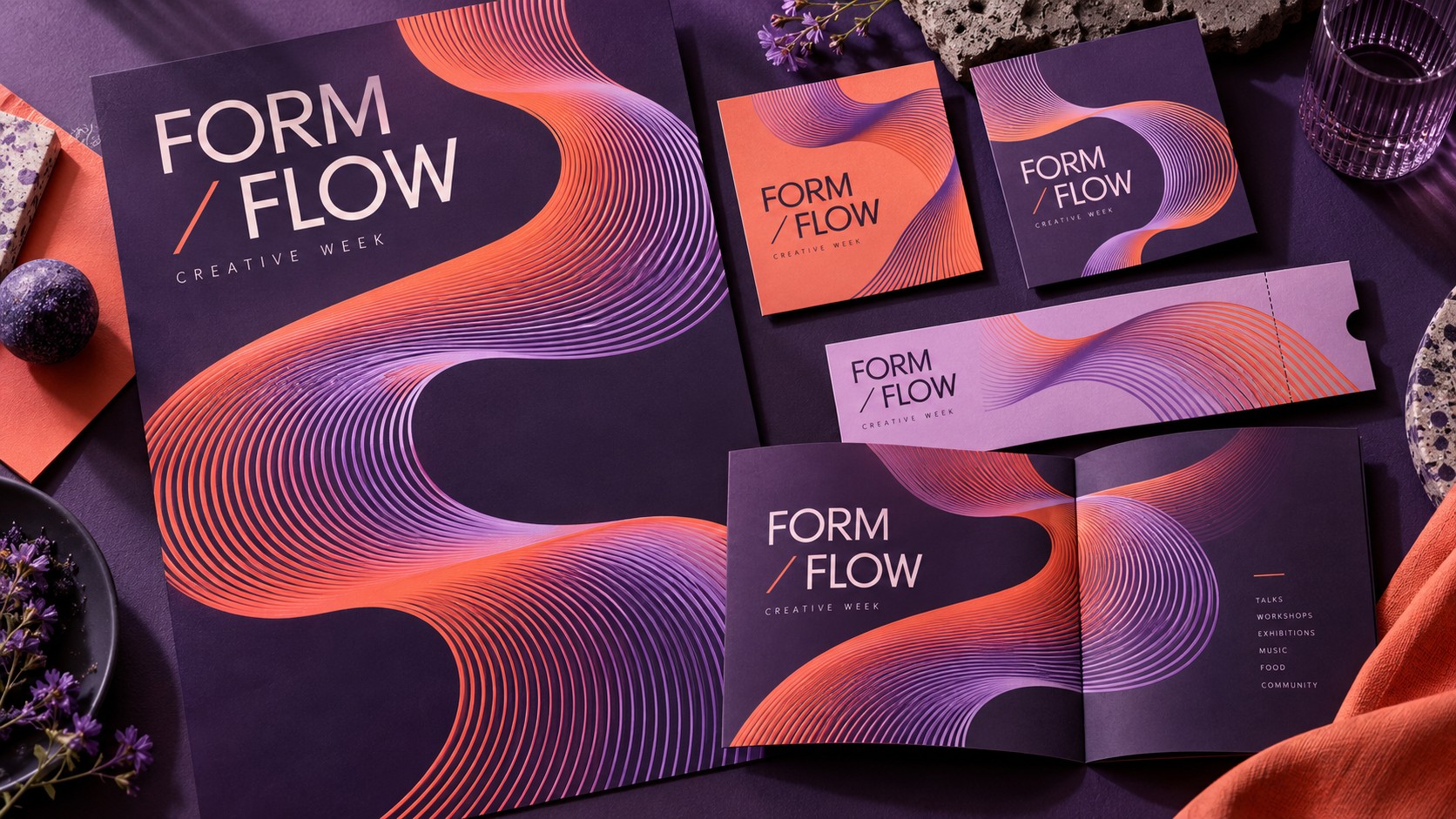 Coordinated purple and coral creative event poster, social graphics, ticket, and program using a flowing ribbon design