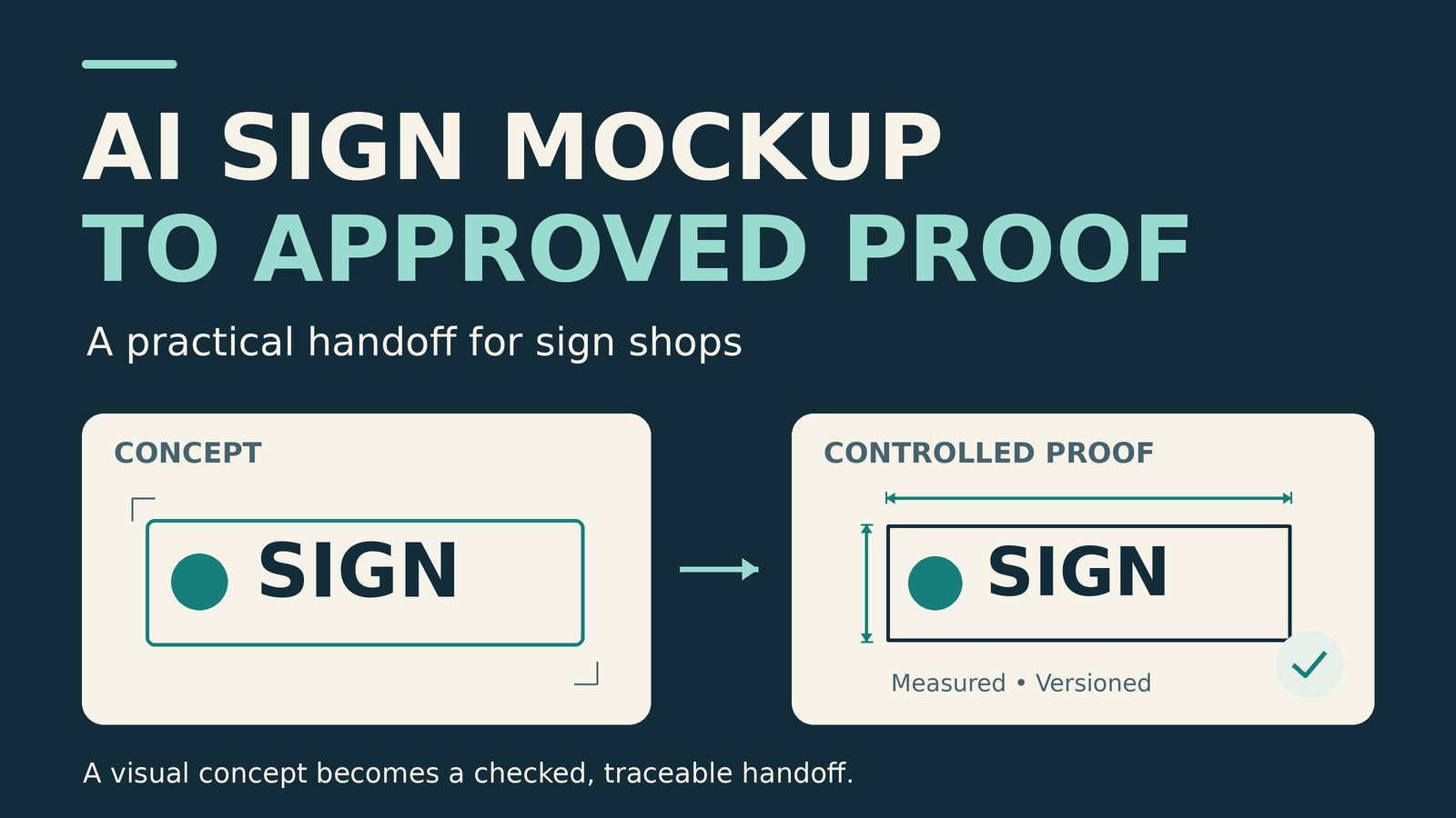 Diagram of an AI sign concept moving to a measured, versioned proof, with the title AI Sign Mockup to Approved Proof.