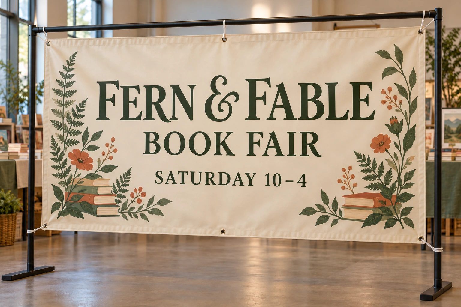 Fictional Fern & Fable Book Fair banner with readable wording well inside the stitched border and perimeter grommets.