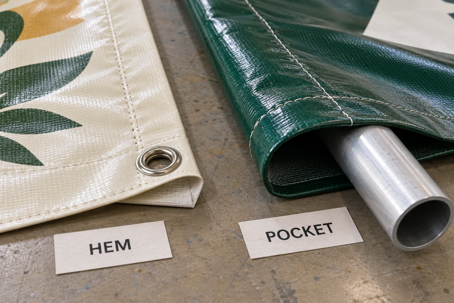 Close-up of a stitched banner hem with a metal grommet beside a wider open pole pocket containing an aluminum tube.