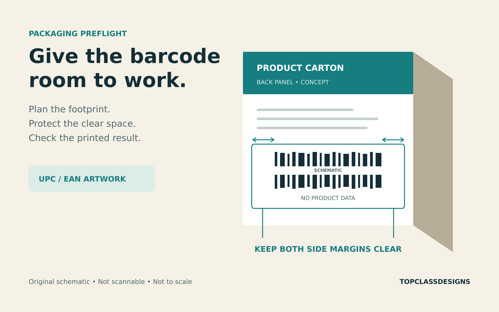Illustrated carton back panel with a non-scannable barcode schematic and clear side margins reserved for quiet zones.