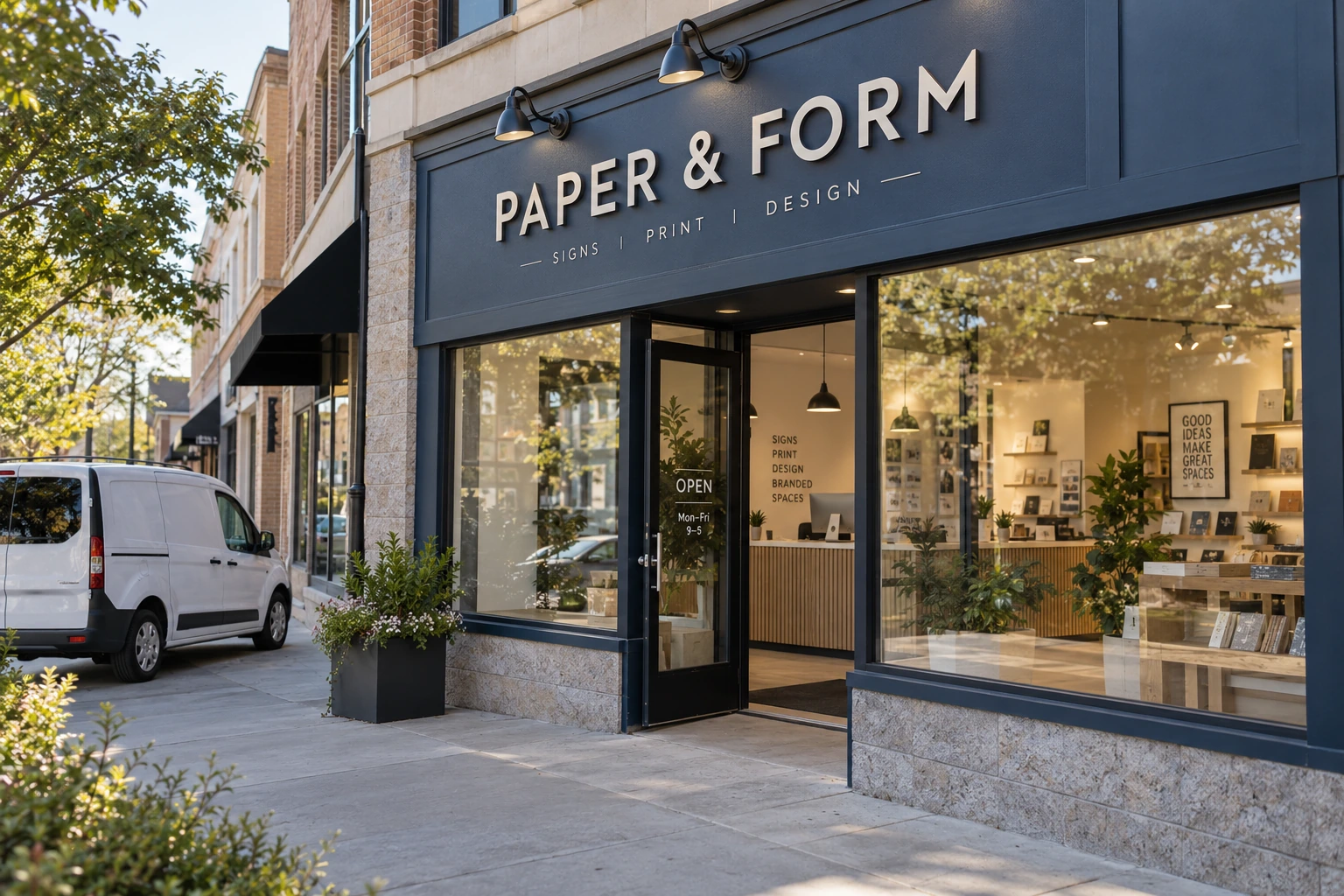 Fictional PAPER & FORM sign-and-print storefront with a visible service counter and a white service van nearby.