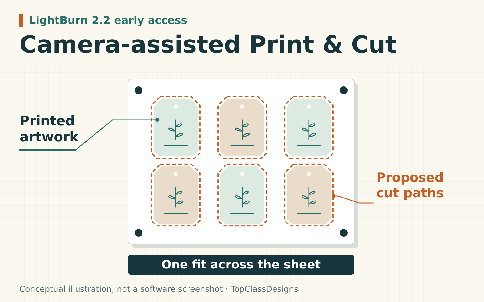 Conceptual tag sheet with four dark corner registration marks. Orange dashed proposed cut paths surround six printed tags; one alignment fit is applied across the whole sheet.