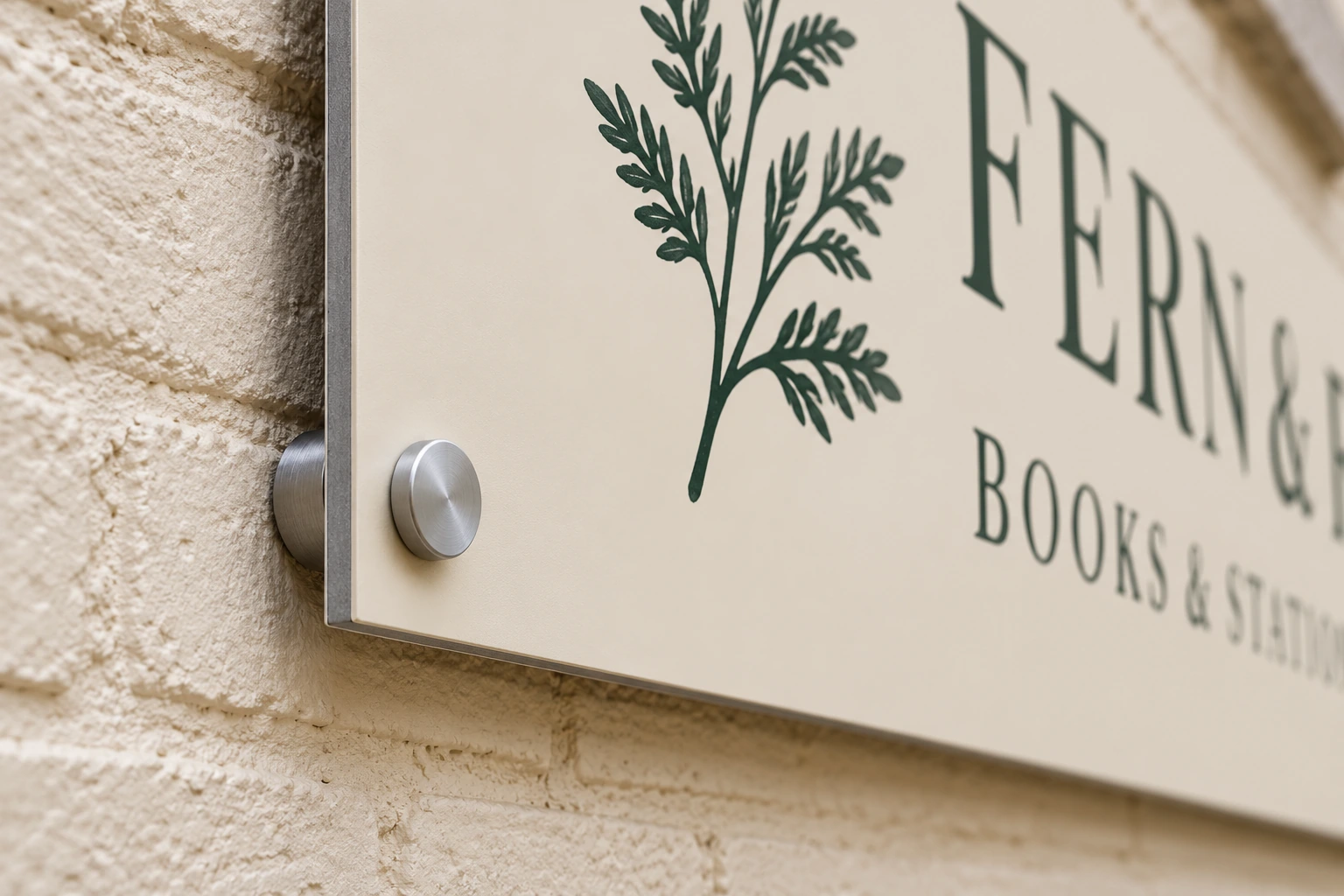 Close-up of the fictional bookshop sign's thin rigid panel edge, round metal mounting cap and separation from the painted brick wall.