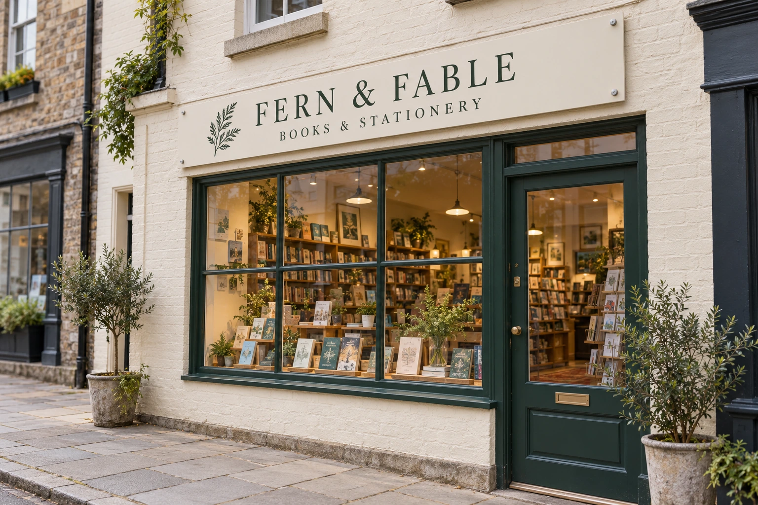 Fictional Fern & Fable bookshop storefront showing the finished sign above its window and entrance from the sidewalk.