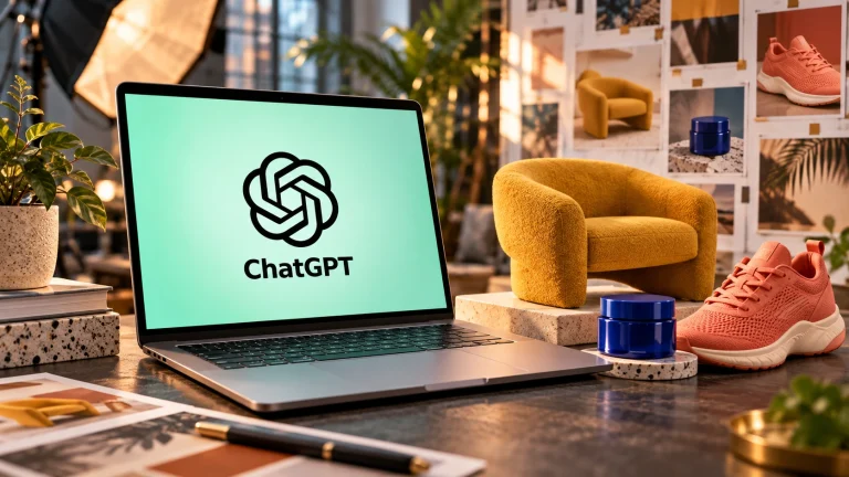 ChatGPT logo on a laptop in a colorful product-photography studio.