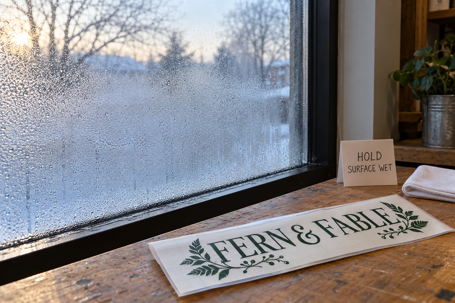 Condensation covers a cold window while an uninstalled fictional lettering decal remains on its liner beside a Hold, Surface Wet tag.
