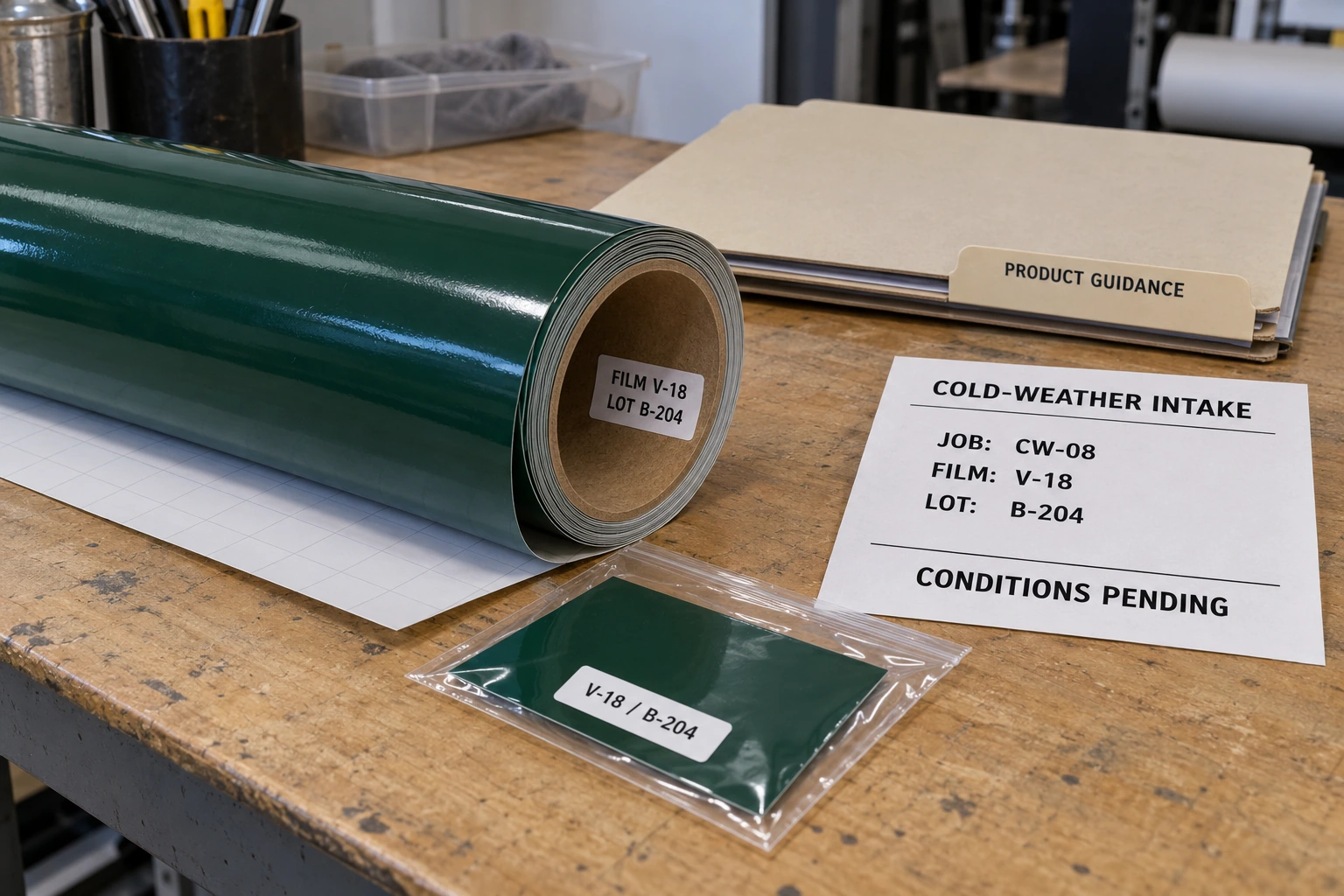 Fictional film roll V-18 and lot B-204 match a sample sleeve and cold-weather job CW-08 record marked Conditions Pending.