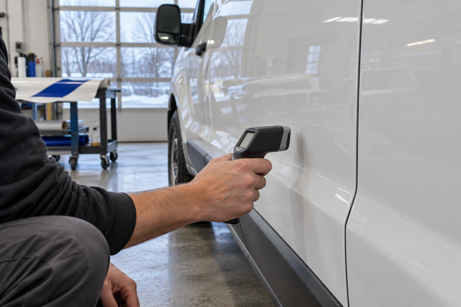 Illustrative surface-temperature check on a white van's painted panel inside a dry installation bay before vinyl application.