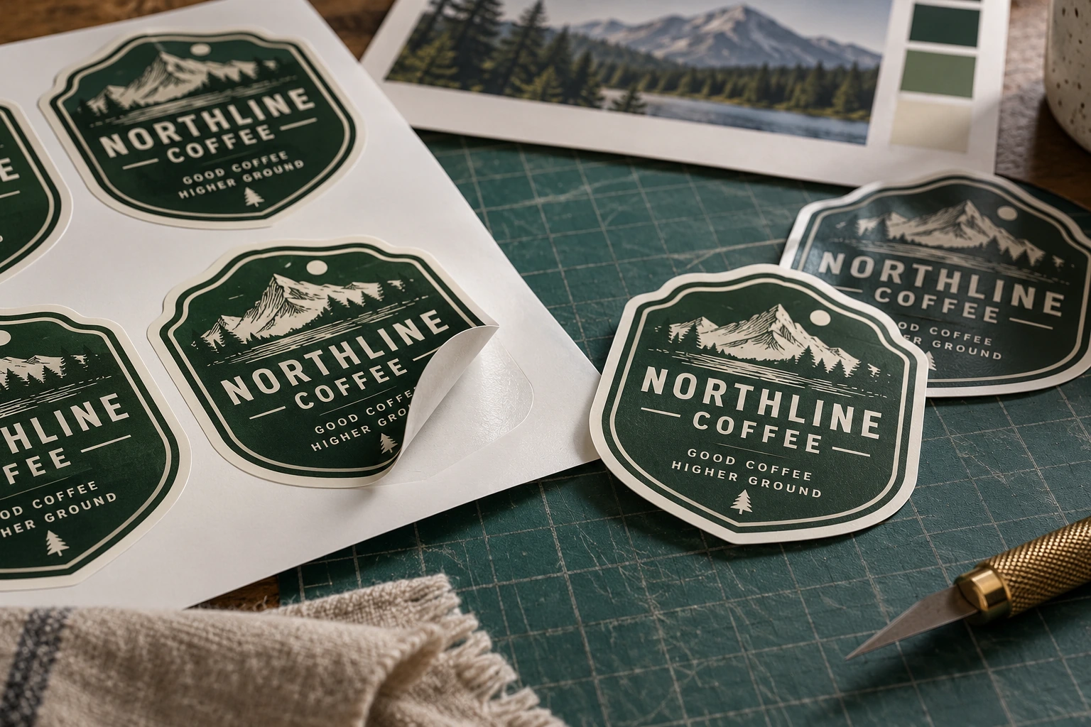 Fictional NORTHLINE COFFEE die-cut stickers show a consistent white border around a shield-shaped design on release liner.