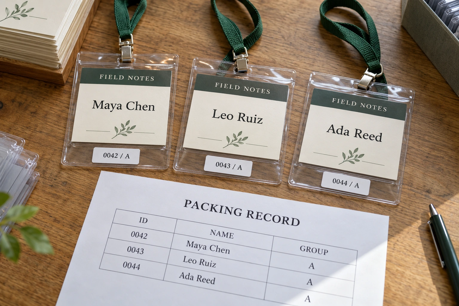 Three fictional name badges for Maya Chen, Leo Ruiz and Ada Reed with removable sleeve IDs 0042, 0043 and 0044 matching a separate packing record.