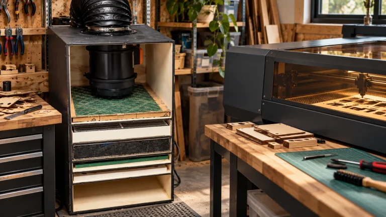 DIY laser filter cabinet with stacked filter elements, black fan and top duct in a workshop setting.