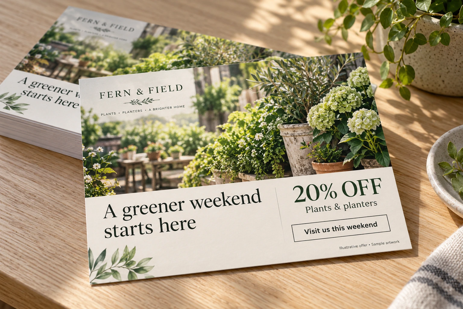 A fictional FERN & FIELD garden-shop postcard combines plant photography, a 20-percent offer and a clear visit-this-weekend response.