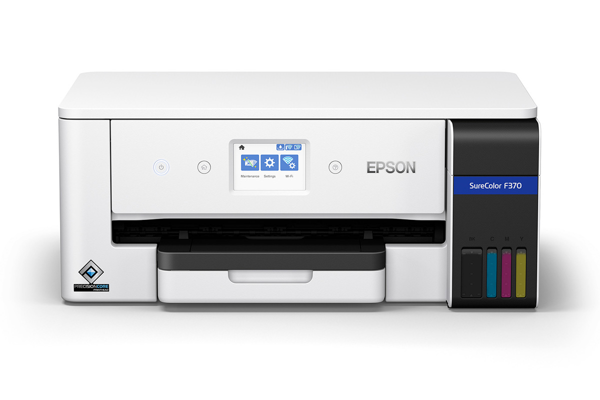 Official front view of the Epson SureColor F370 with the Epson logo, F370 model badge, touchscreen and ink tanks visible.