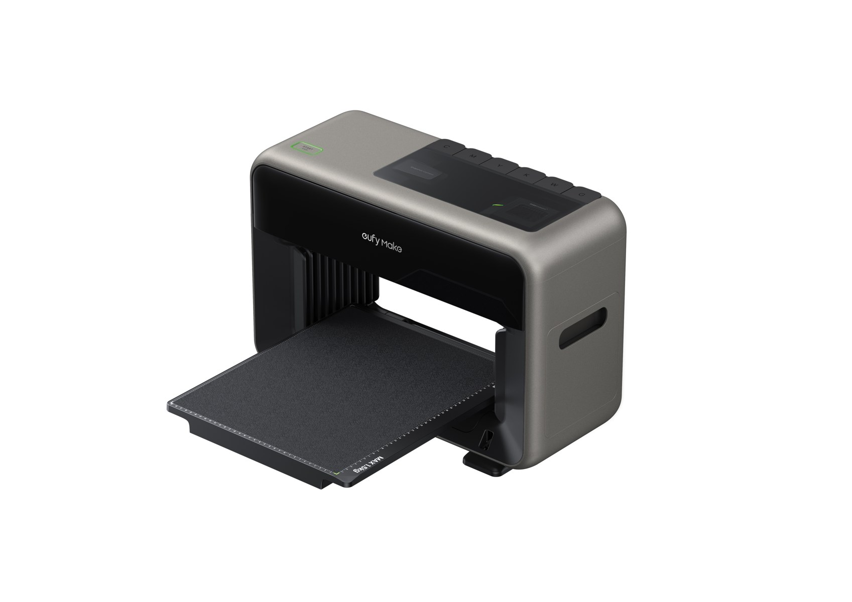 eufyMake E1 with its standard flatbed projecting through the front of the printer.