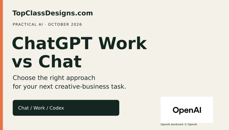 ChatGPT Work vs Chat creative-business guide with Chat, Work, and Codex labels and the genuine OpenAI wordmark.