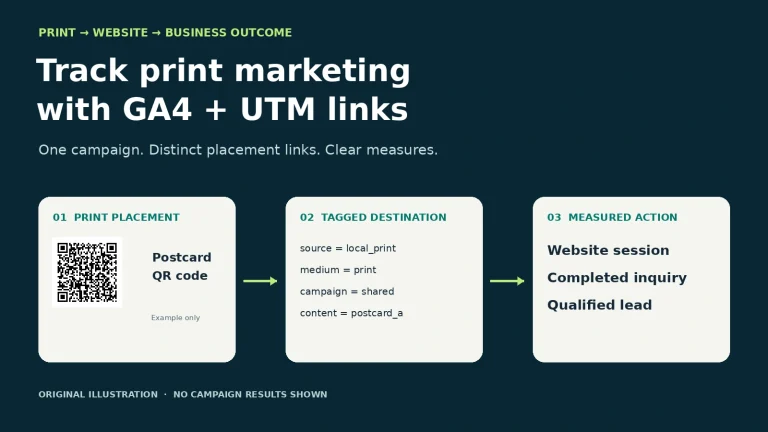 Original diagram connecting a print QR code, UTM-tagged destination, and measured website and business outcomes.