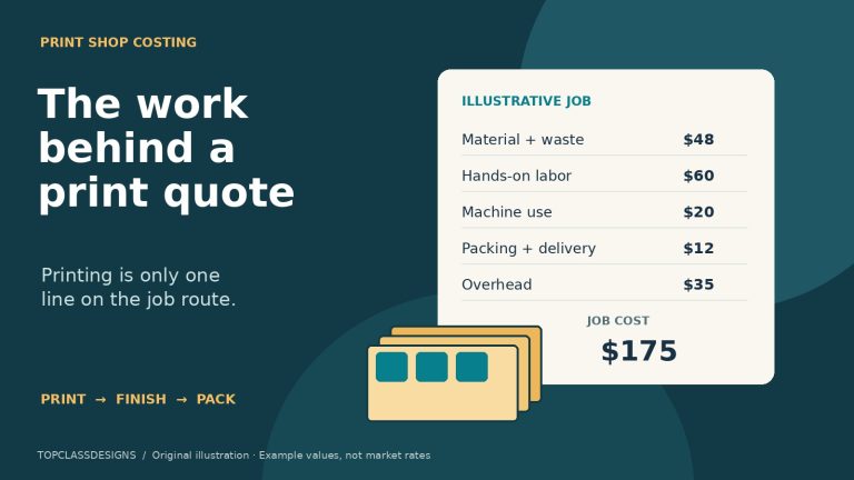 Original editorial illustration of a print-job worksheet and cut stickers, showing five cost components totaling 175 illustrative dollars.