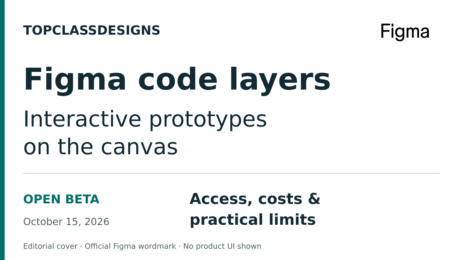 Editorial cover for Figma code layers: interactive prototypes on the canvas, open beta, access, costs and practical limits.