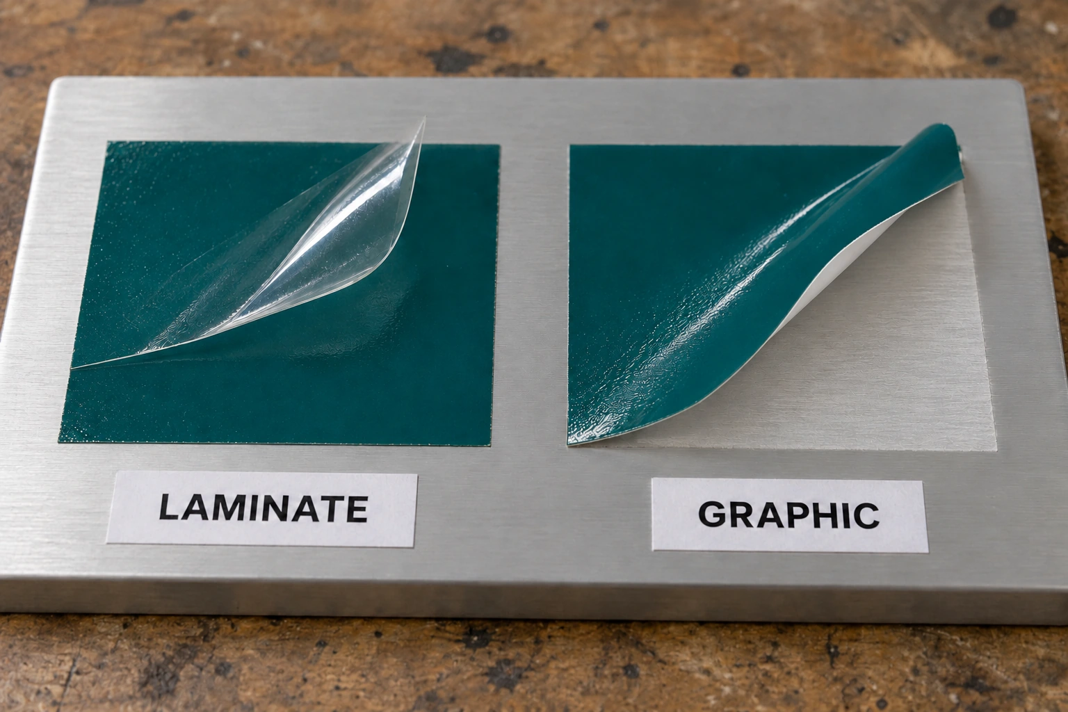 Two fictional coupons: transparent overlaminate lifts from intact teal vinyl at left, while the complete teal graphic lifts to expose metal at right.