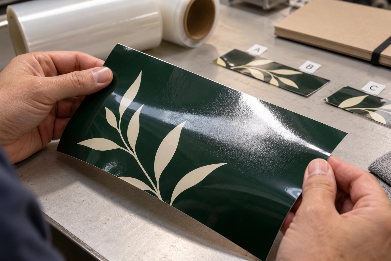Hands inspecting a fictional dark green laminated graphic under angled light, with labeled retained sample strips on a finishing bench.