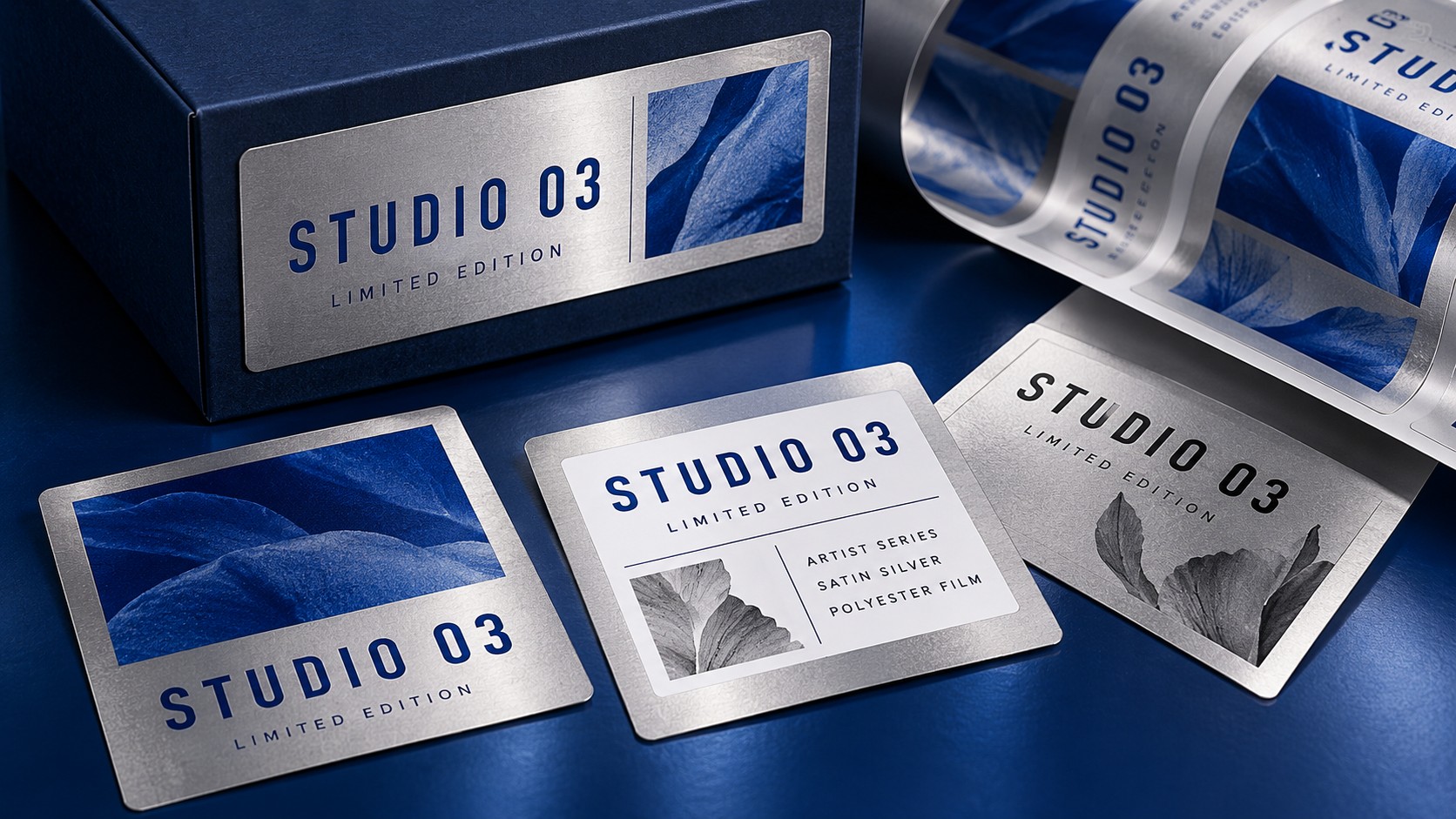 Satin silver label designs with blue and black artwork, including a label with a white information area