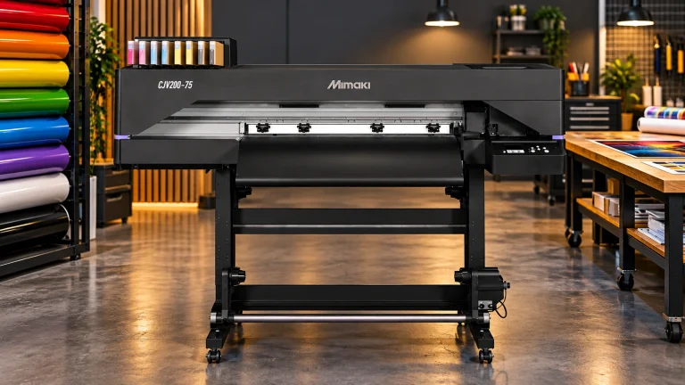 Mimaki CJV200-75 print-and-cut machine in a colorful print studio.