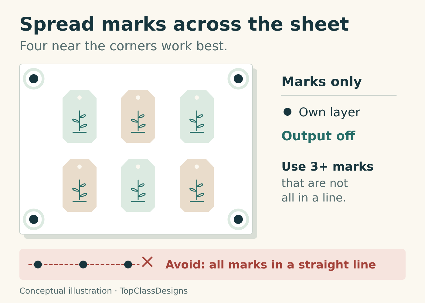 A tag sheet has four dark registration marks near its corners. Notes specify a marks-only layer with output off and at least three marks that are not all in a straight line. A crossed-out row of three marks shows the invalid collinear layout.