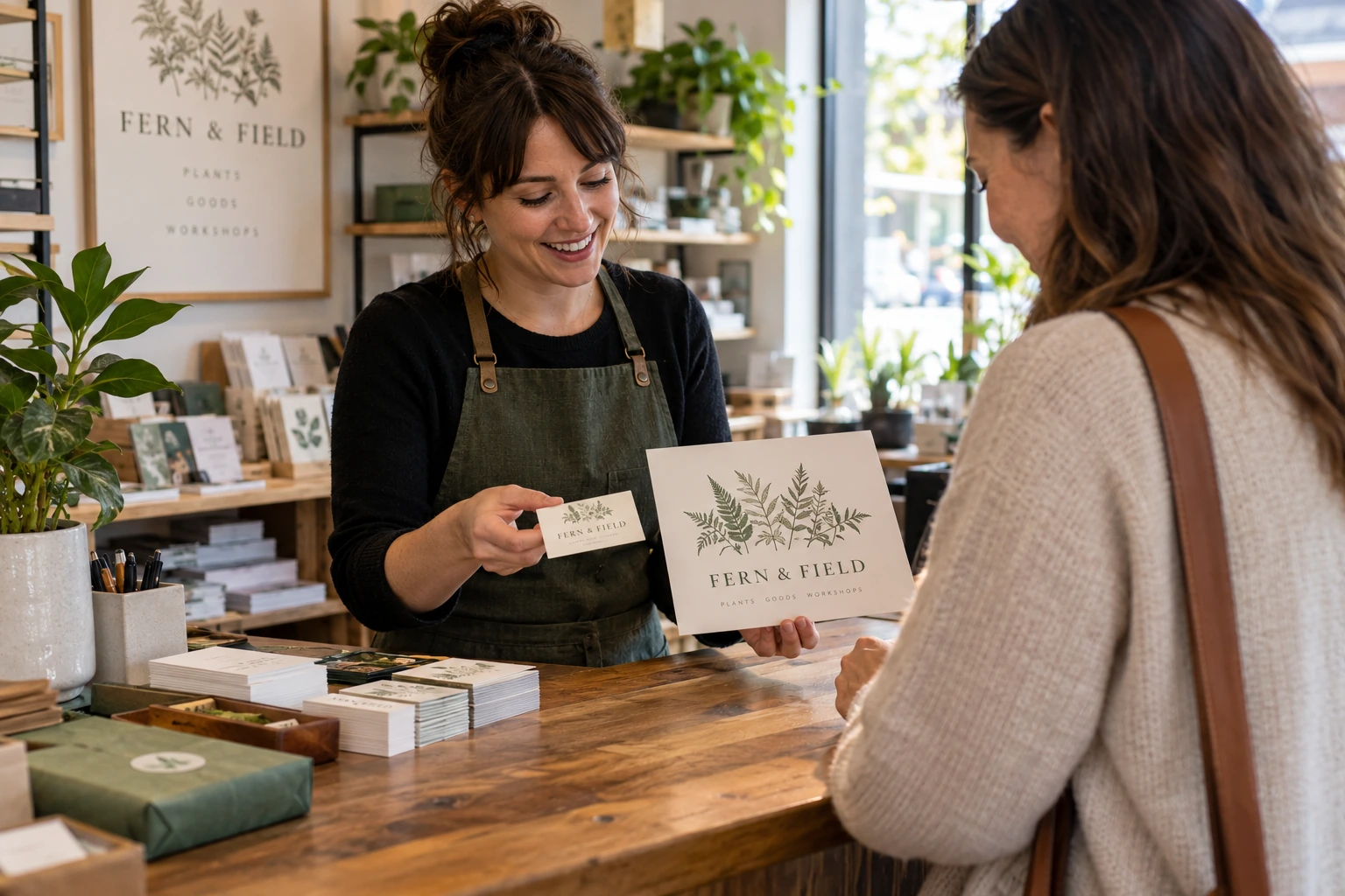 A fictional print-shop employee shows an adult customer a coordinated botanical card and sign at the service counter.