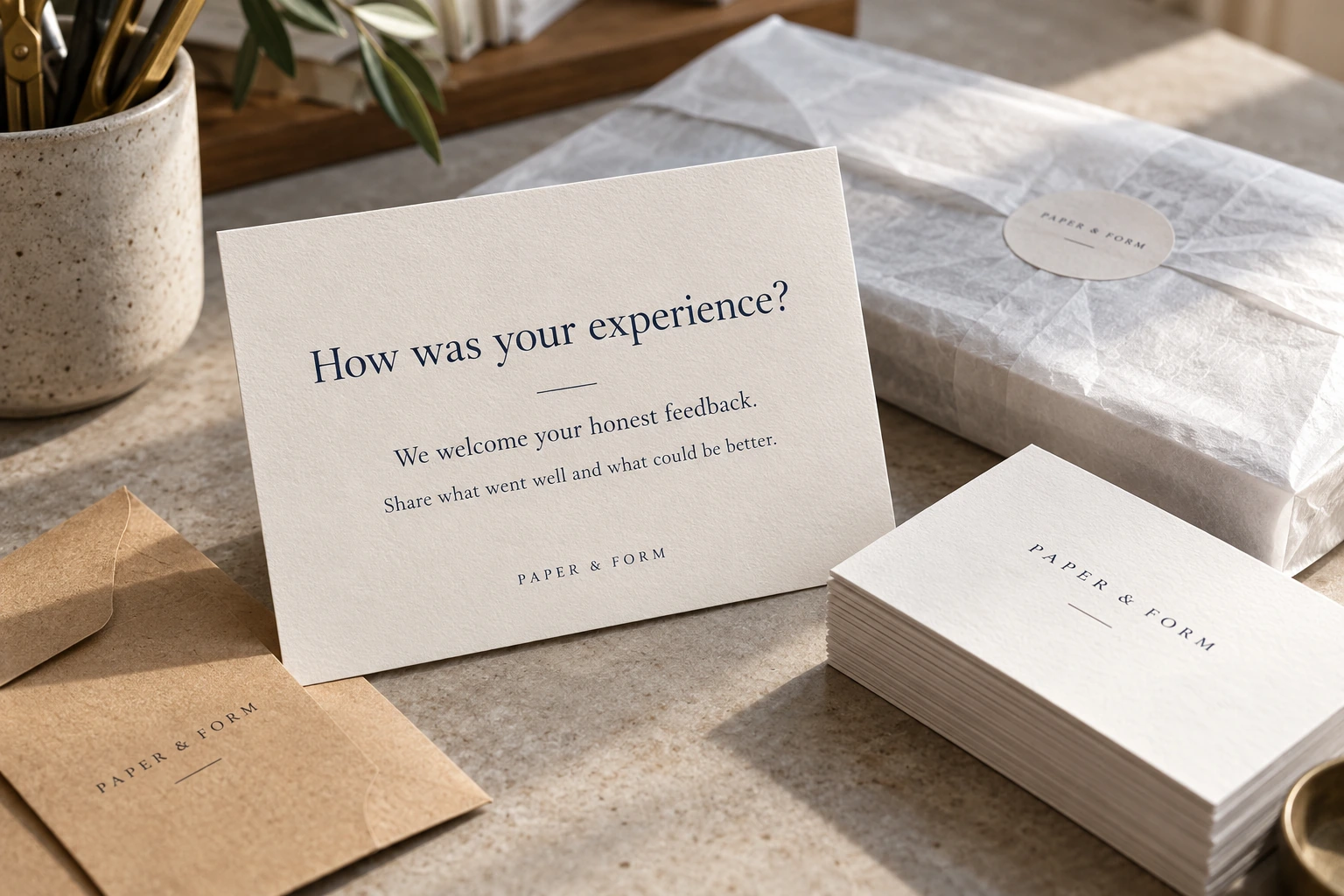 A physical feedback card asks how the experience went and welcomes honest feedback beside a finished printed order.
