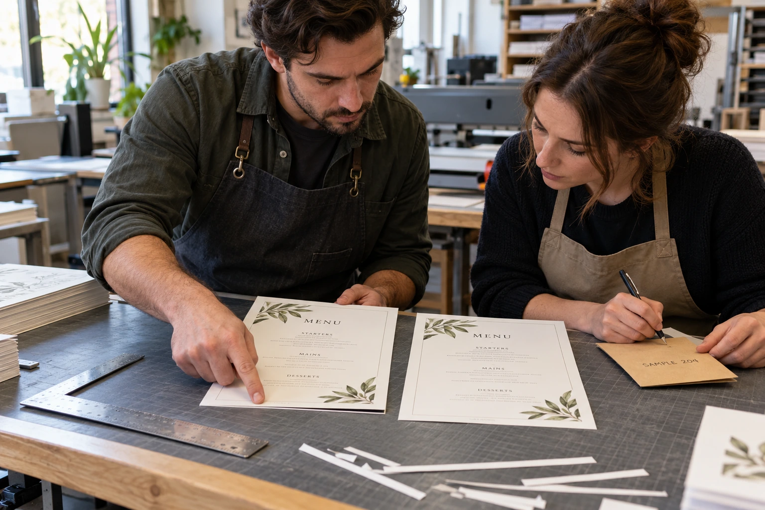 Two fictional print-shop staff inspect the trimmed edges of menu proofs while noting a sample issue privately.