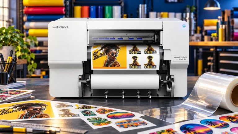 Roland VersaSTUDIO BN2-20 with sticker sheets and clear laminate in a print studio.