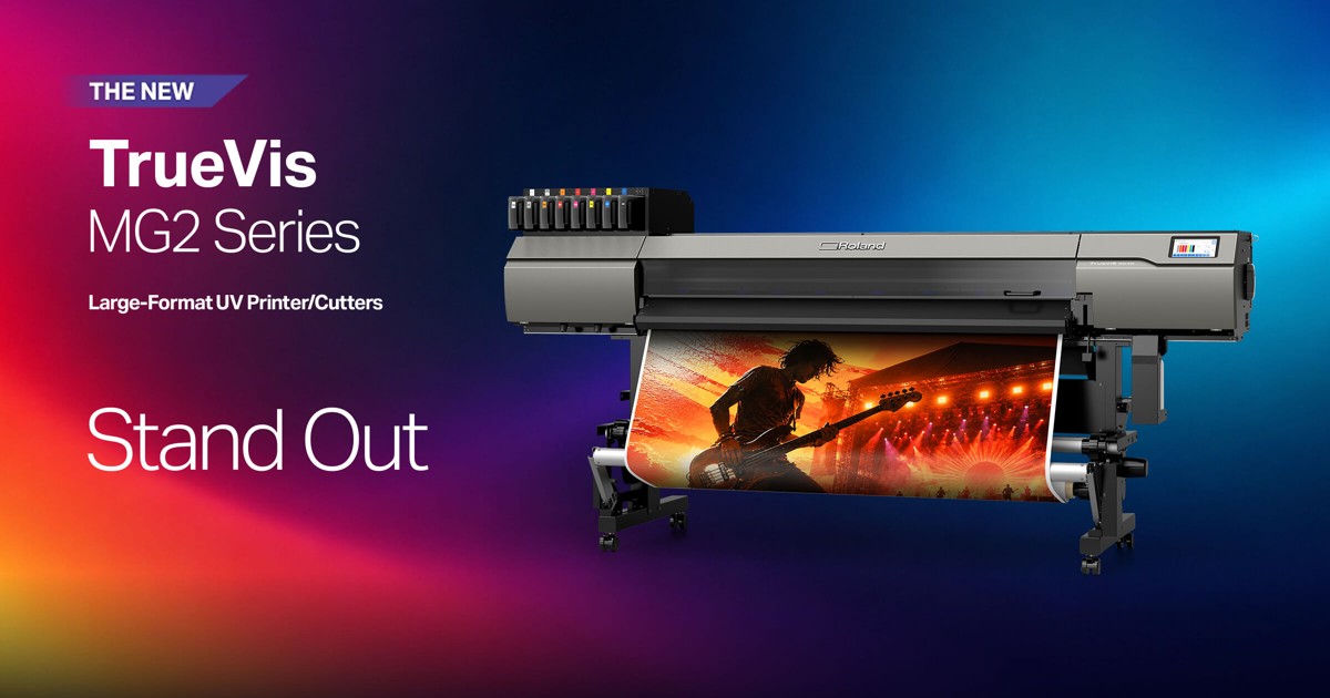 Official Roland TrueVIS MG2 series promotional image showing the wide-format UV printer/cutter and printed output.
