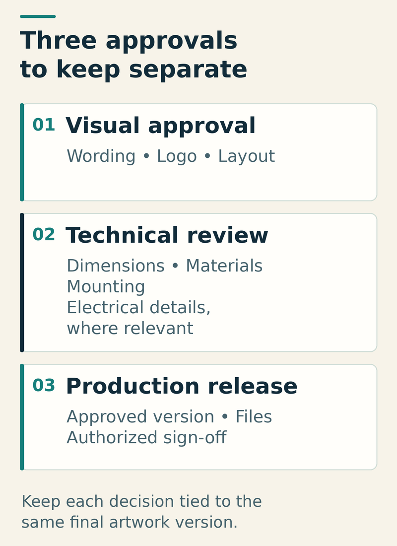 Three separate decisions: visual approval covers wording, logo, and layout; technical review covers dimensions, materials, mounting, and relevant electrical details; production release covers the approved version, files, and authorized sign-off.