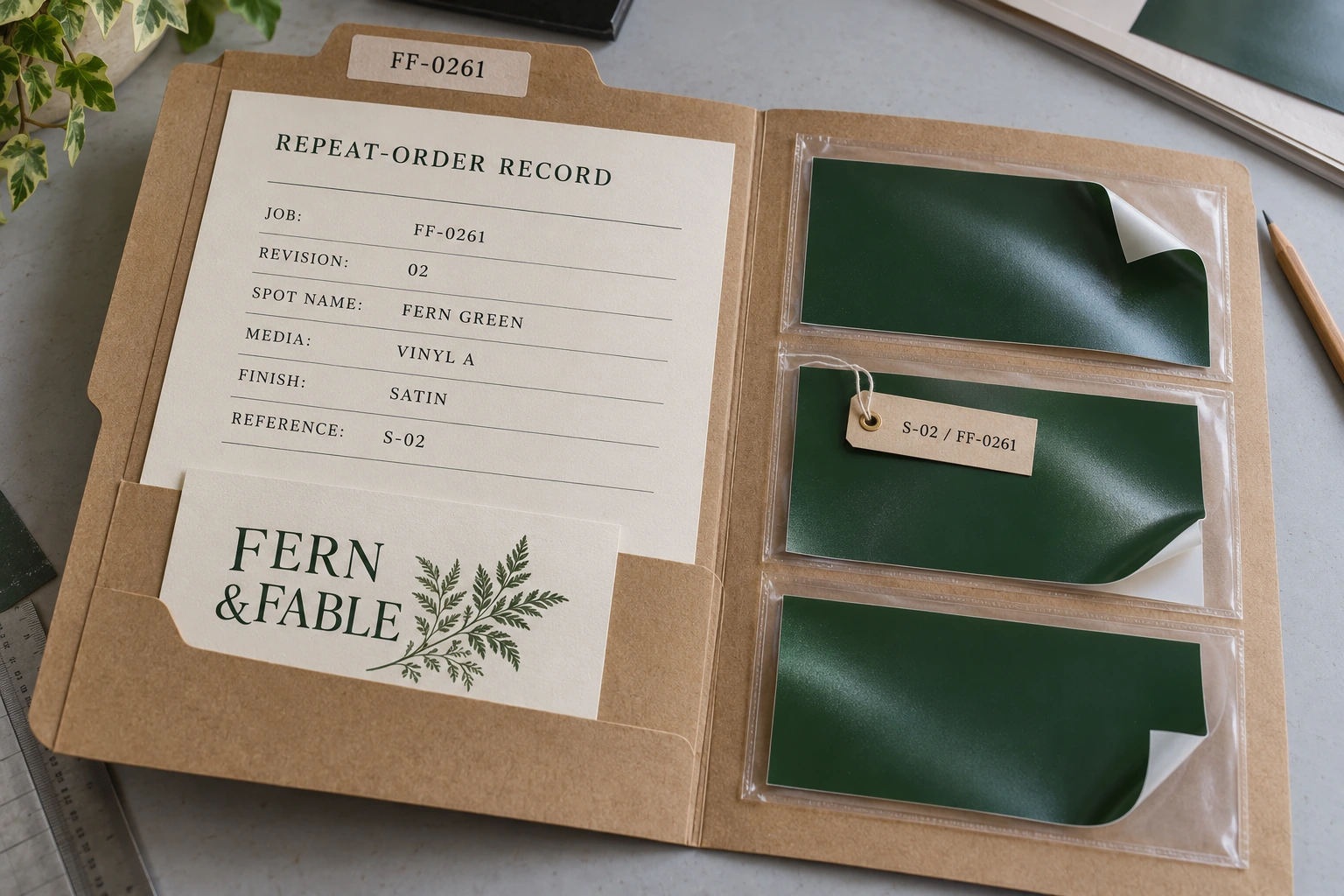 Open fictional job folder FF-0261 with revision 02, Fern Green record fields and three protected vinyl samples linked to reference S-02.