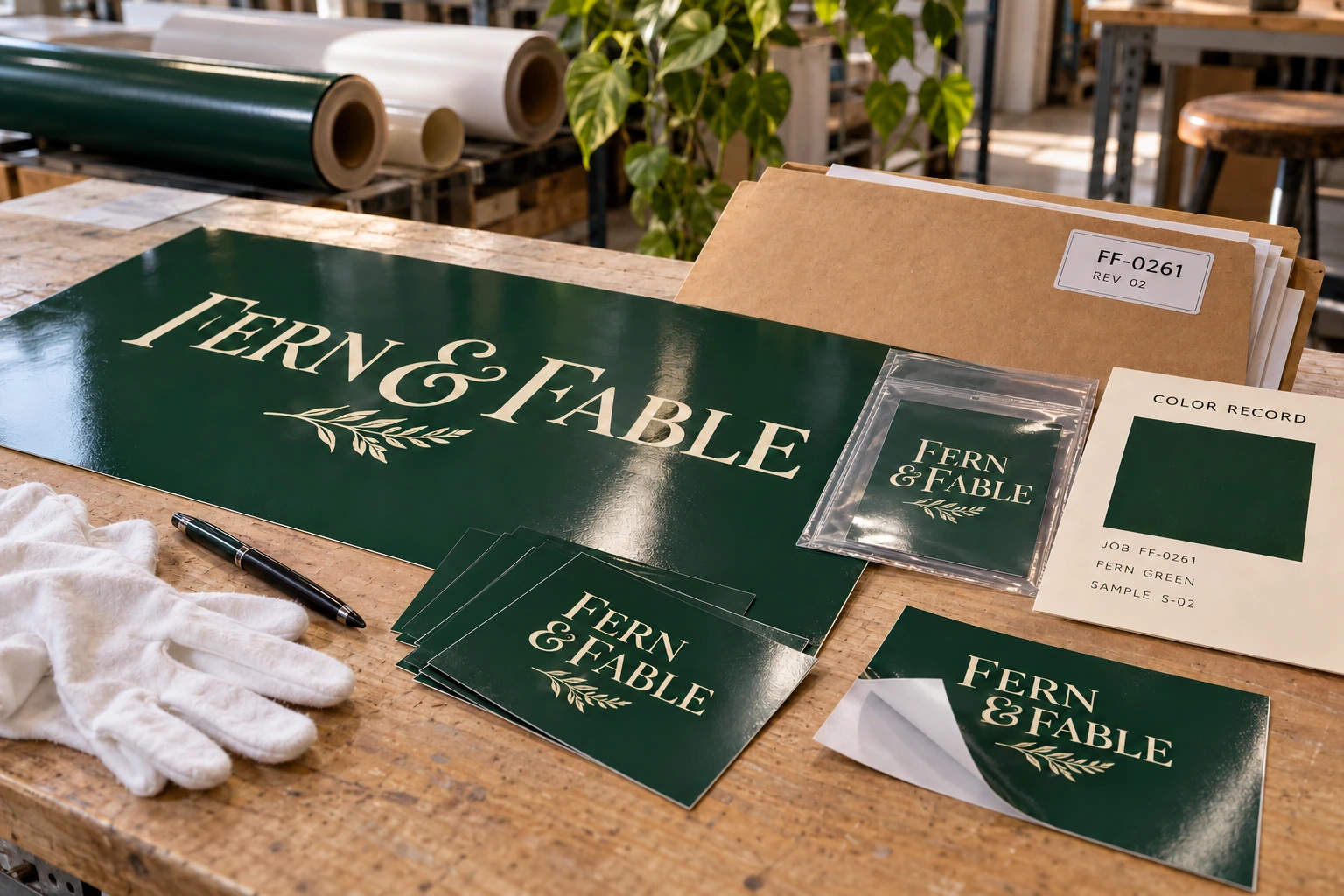 Fictional Fern & Fable green vinyl samples, retained reference and color record alongside a folder labeled FF-0261 revision 02.