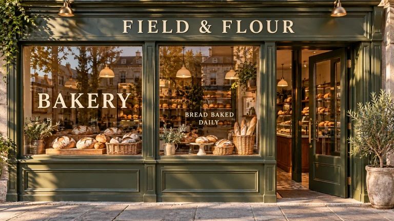 Field & Flour bakery concept with window lettering kept within separate glass panes.