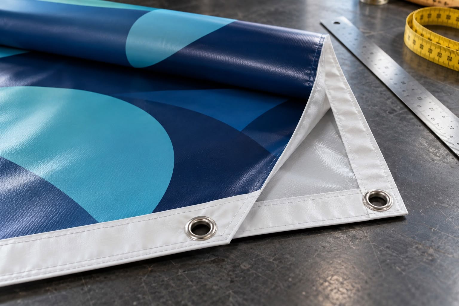 Photoreal illustrative close-up of a printed vinyl banner, reinforced hem and metal grommets on a finishing table.