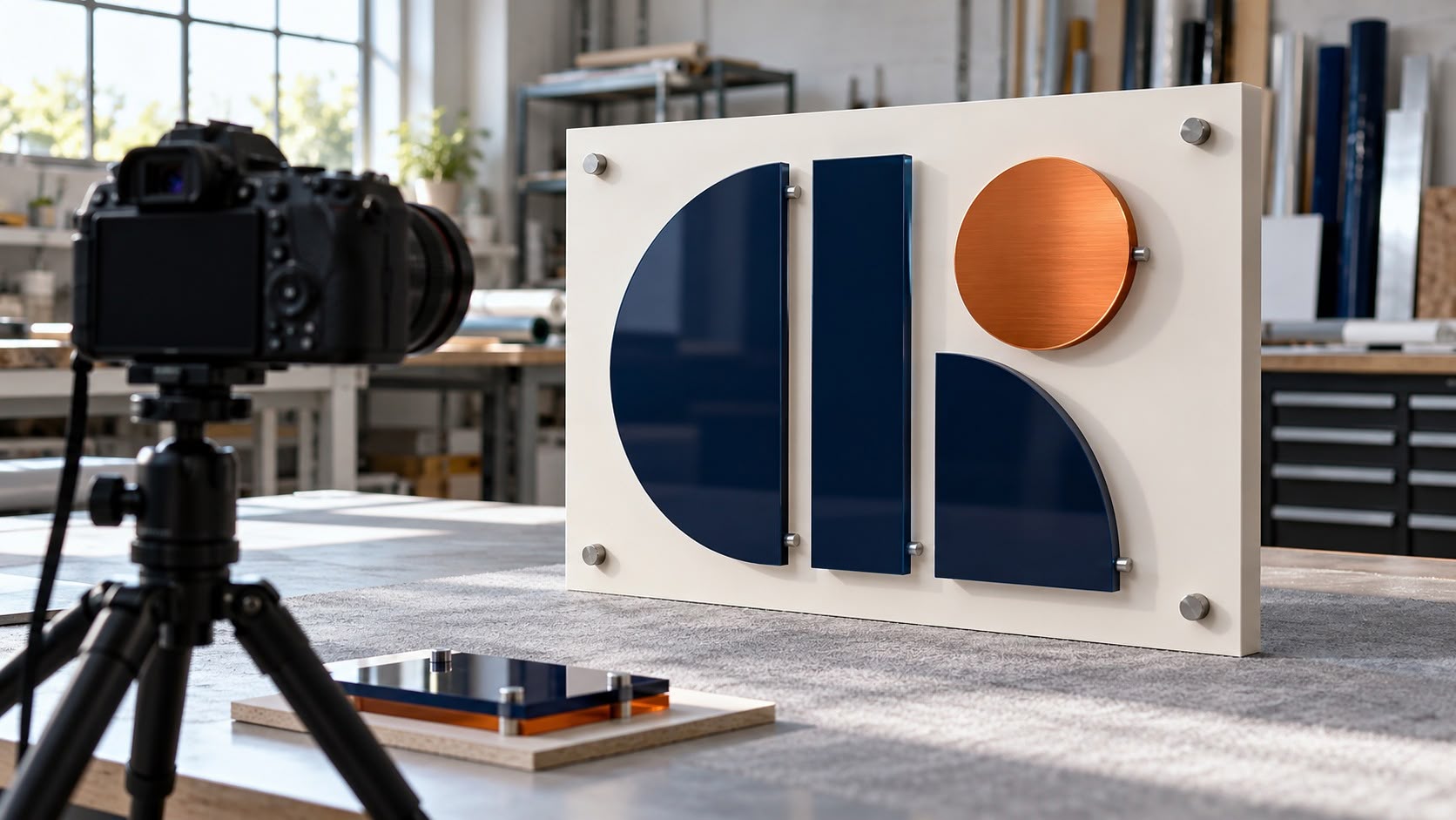 AI-generated illustrative scene of a camera documenting an unbranded dimensional sign on a finishing bench.