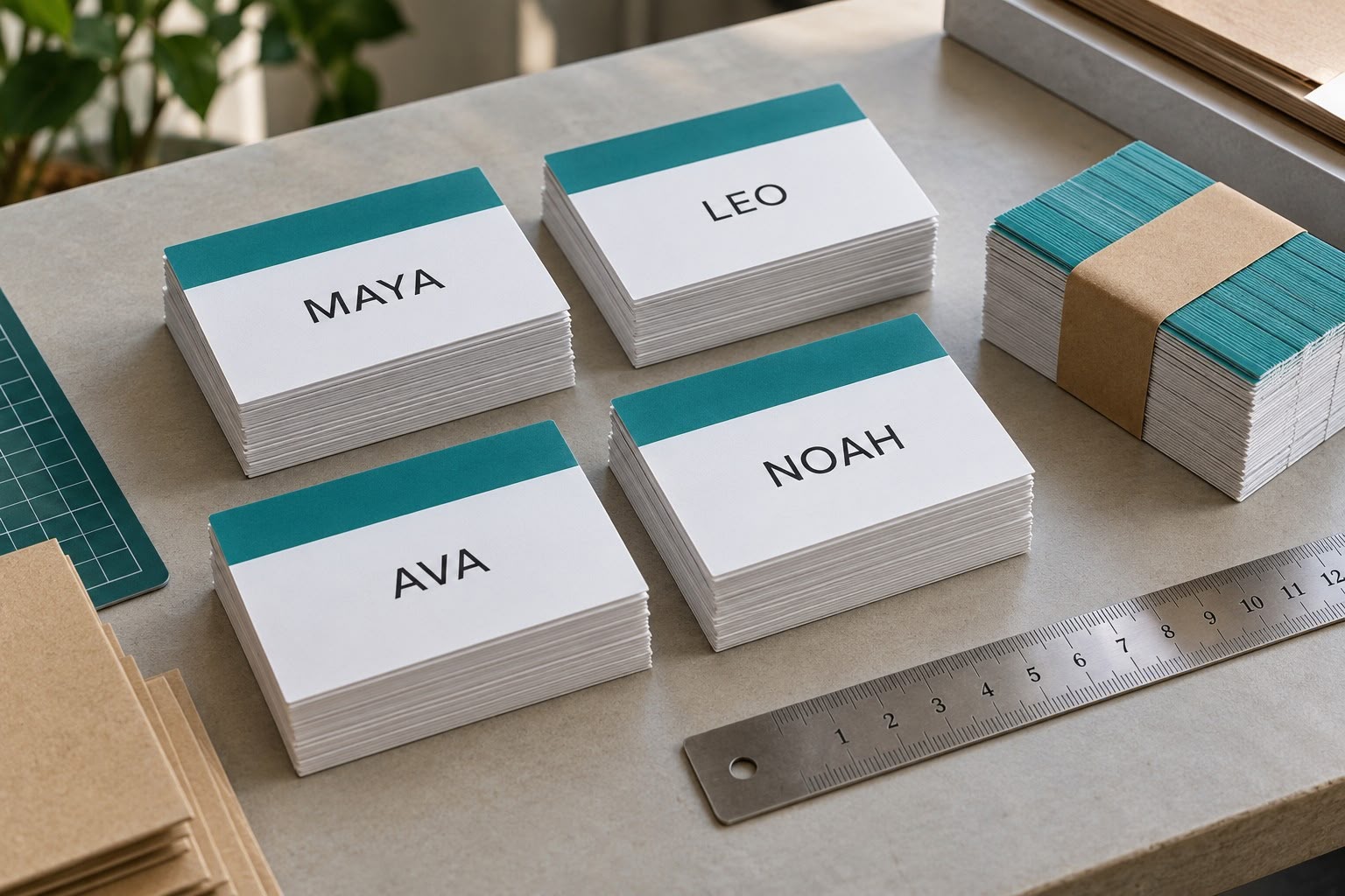 Photoreal illustrative print table with stacks of fictional personalized name badges.