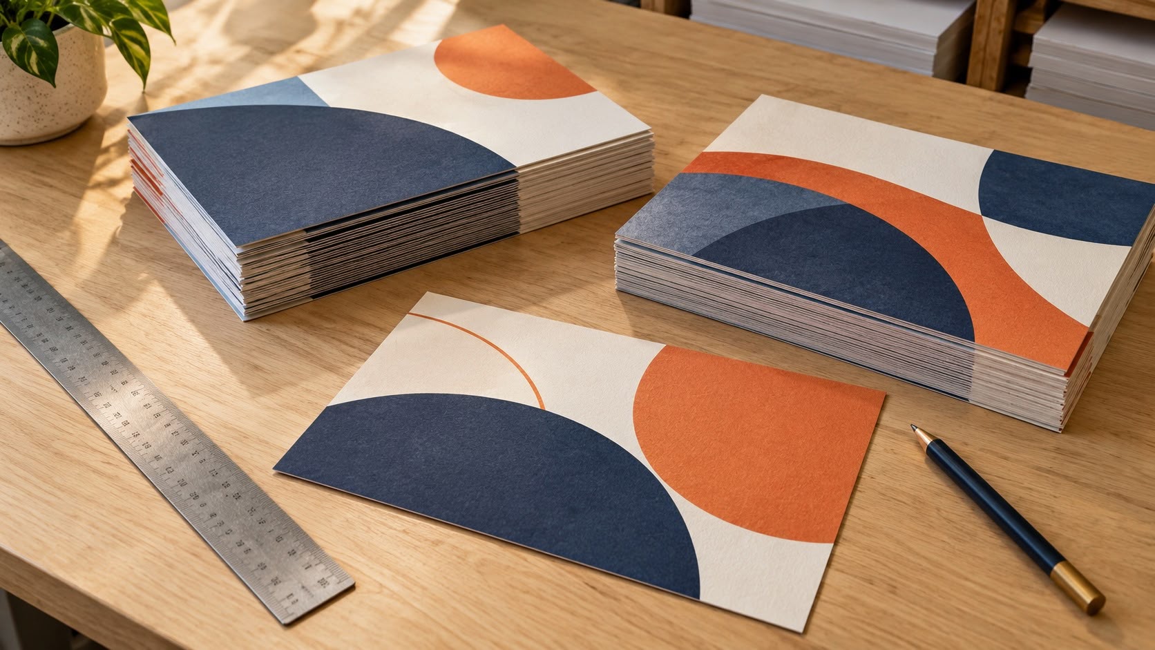 AI-generated illustrative scene of unbranded printed mailpieces arranged on a print-shop worktable.