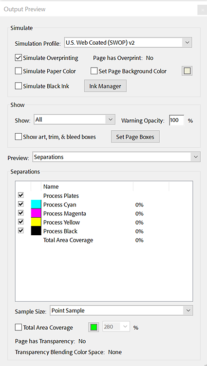 Official Adobe Acrobat Output Preview dialog showing the Simulate Overprinting checkbox, simulation profile selector and process-color separation controls.