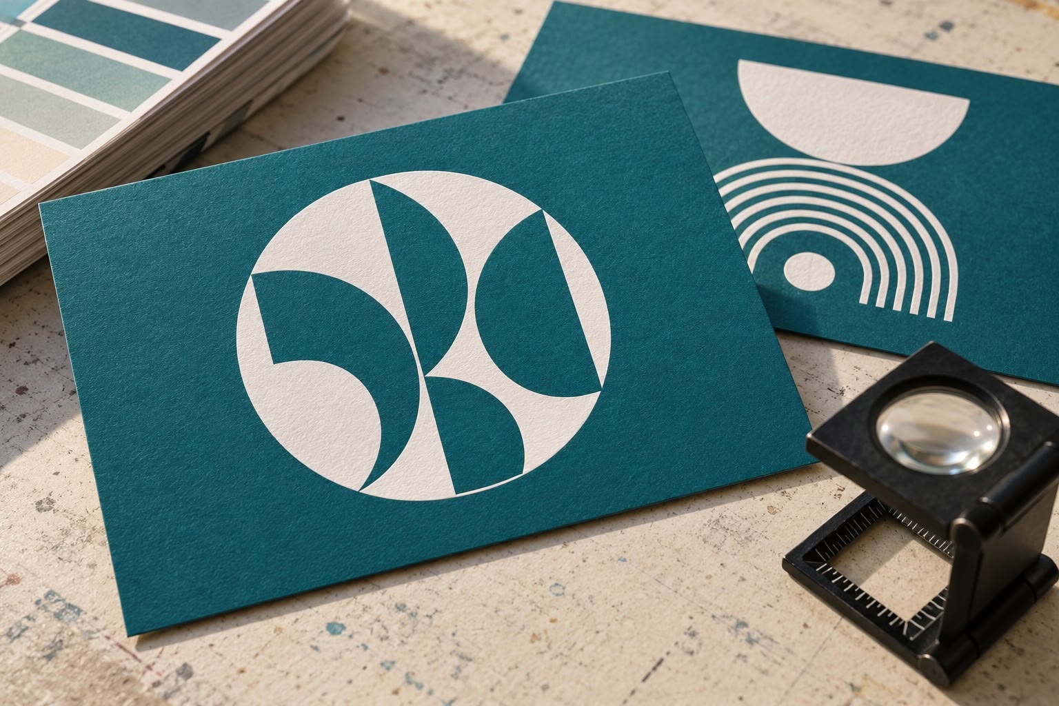 Photoreal illustrative print setup showing white geometric artwork on teal cards beside an inspection loupe.