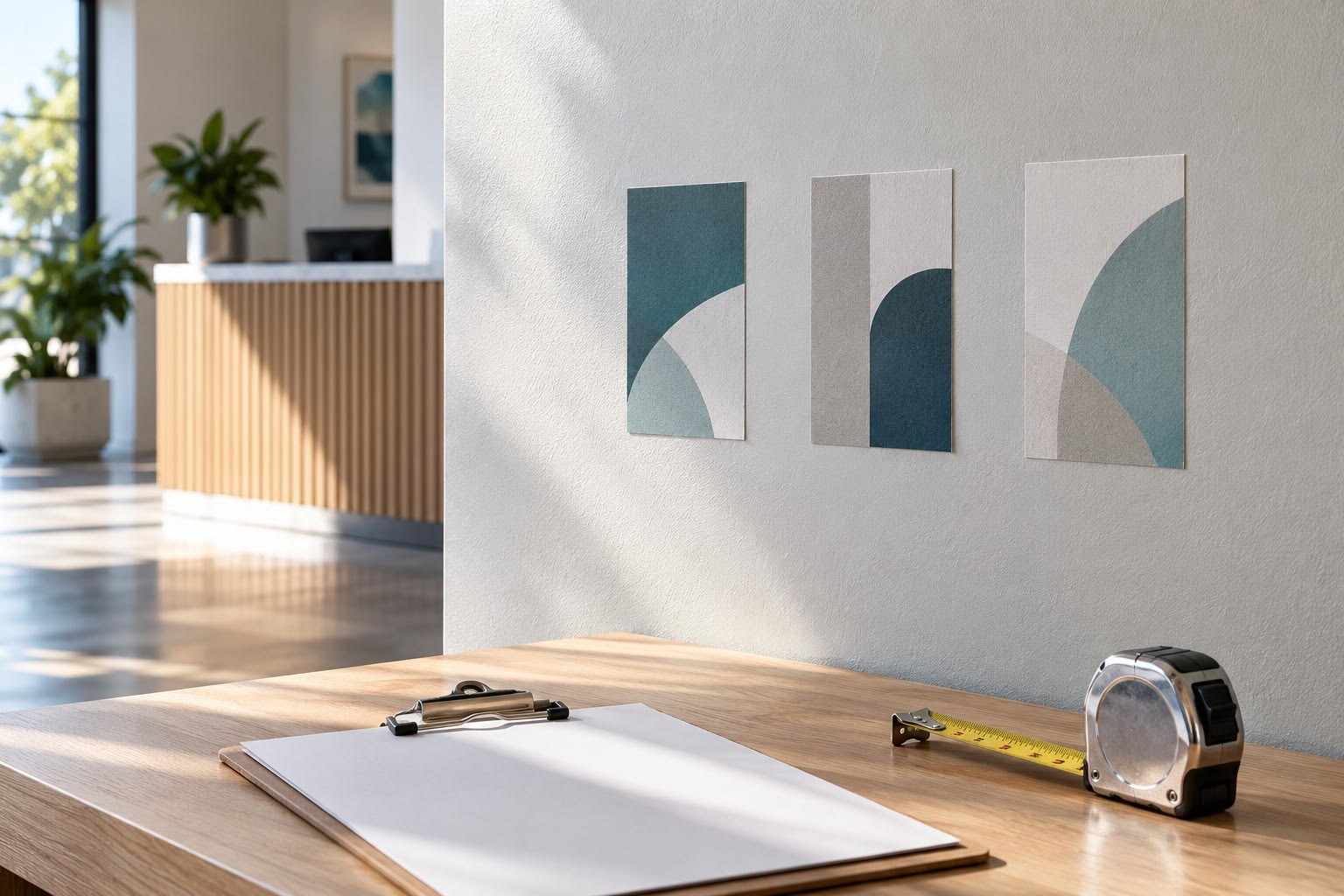 Photoreal illustrative scene with three wall-graphic samples on a painted reception wall and a survey clipboard.
