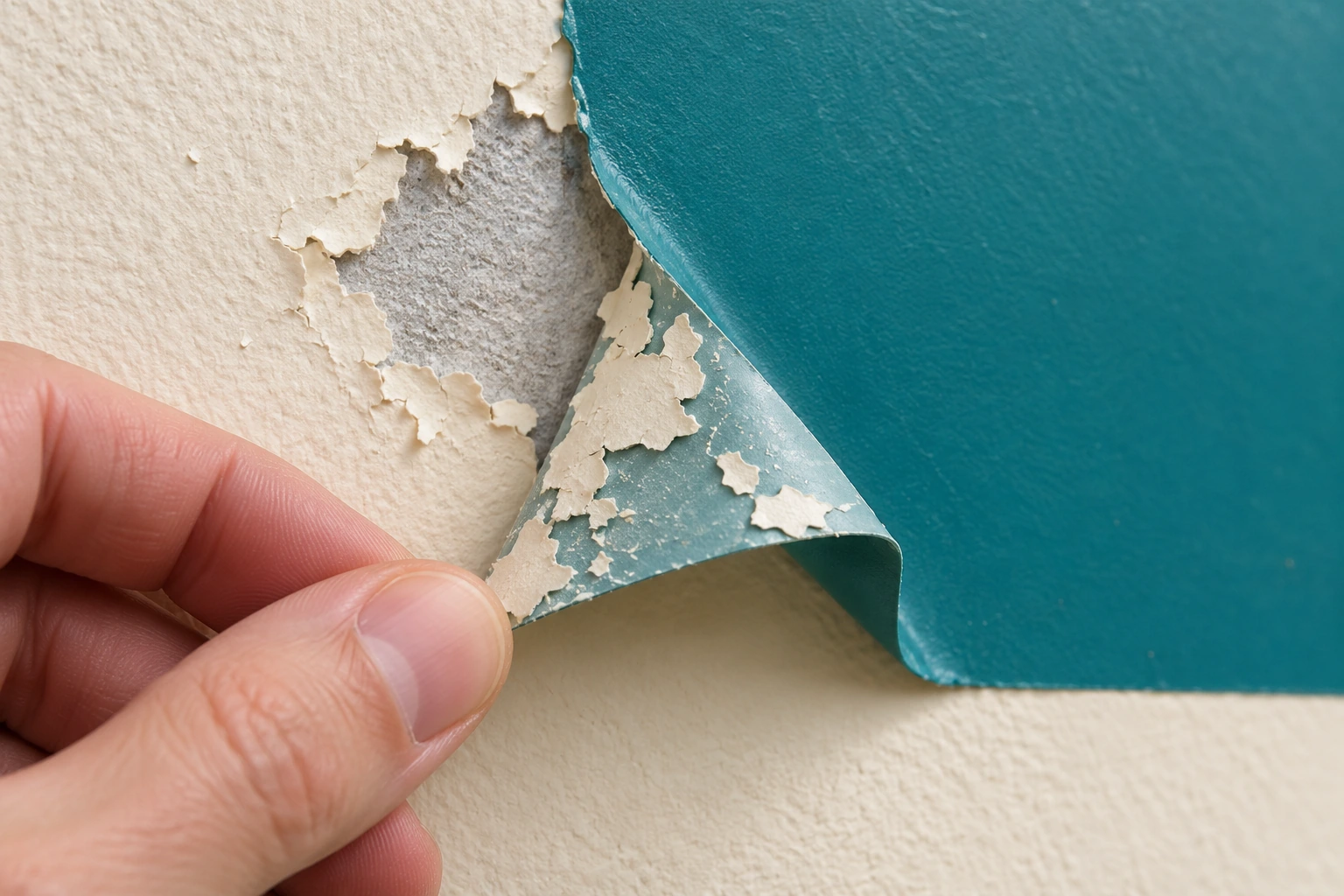 Close-up of peeled teal graphic film with ivory paint flakes attached to its reverse and exposed wall beneath.