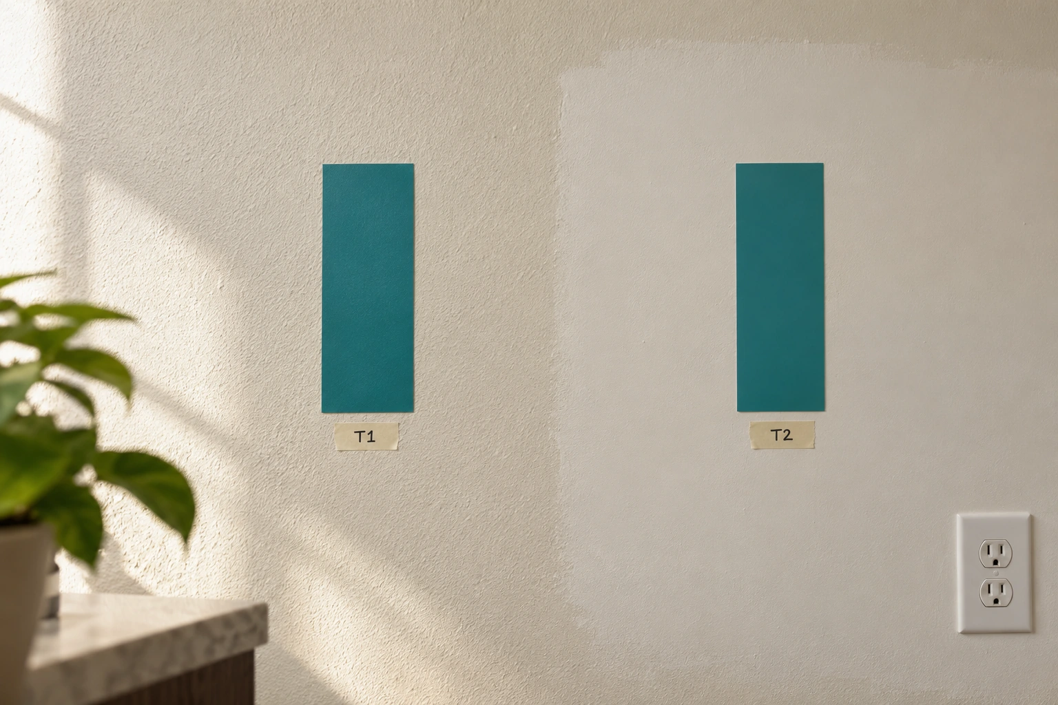 Teal wall-film samples T1 and T2 on original textured paint and a smoother repaired paint area, with the outlet left clear.